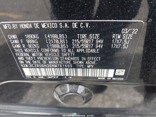 2022 Honda Hr-v Awd Lx მანქანა იყიდება აუქციონზე, vin: 3CZRU6H36NM761689, აუქციონის ნომერი: 44999109