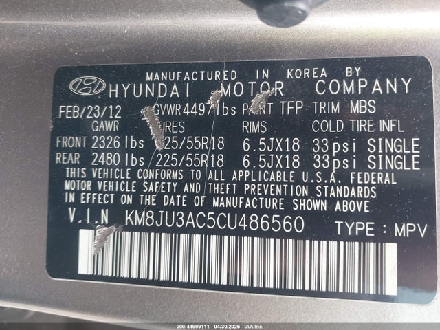 Aukcja sprzedaży 2012 Hyundai Tucson Limited, vin: KM8JU3AC5CU486560, numer aukcji: 44999111