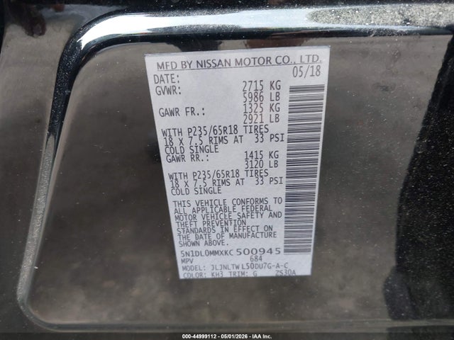 44999112 :رقم المزاد ، 5N1DL0MMXKC500945 vin ، 2019 Infiniti Qx60 Luxe مزاد بيع