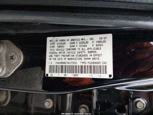 44999116 :رقم المزاد ، 1HGCM56817A171521 vin ، 2007 Honda Accord 2.4 Ex مزاد بيع
