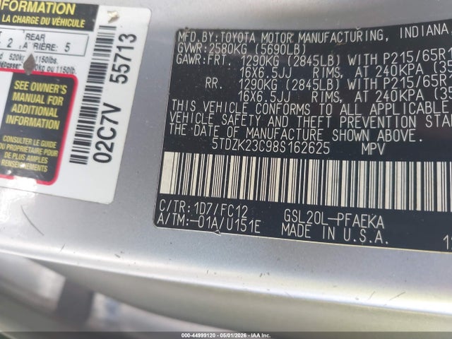 Aukcja sprzedaży 2008 Toyota Sienna Le, vin: 5TDZK23C98S162625, numer aukcji: 44999120