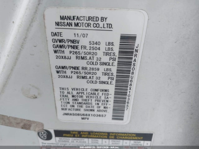 Продажа на аукционе авто 2008 Infiniti Fx35, vin: JNRAS08U68X103657, номер лота: 44999128