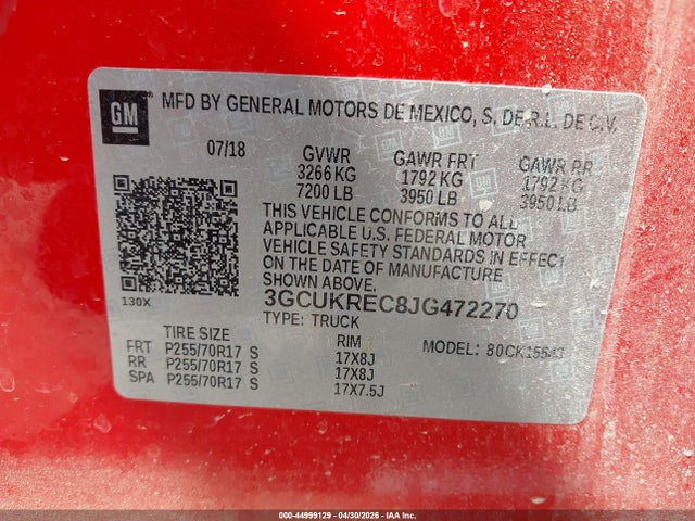 Продажа на аукционе авто 2018 Chevrolet Silverado 1500 1lt, vin: 3GCUKREC8JG472270, номер лота: 44999129