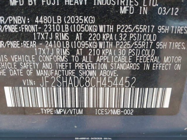 Продаж на аукціоні авто 2012 Subaru Forester 2.5x Premium, vin: JF2SHADC8CH454452, номер лоту: 44999143