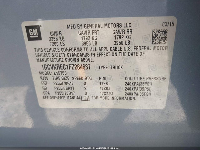 Продажа на аукционе авто 2015 Chevrolet Silverado 1500 1lt, vin: 1GCVKREC1FZ284637, номер лота: 44999151