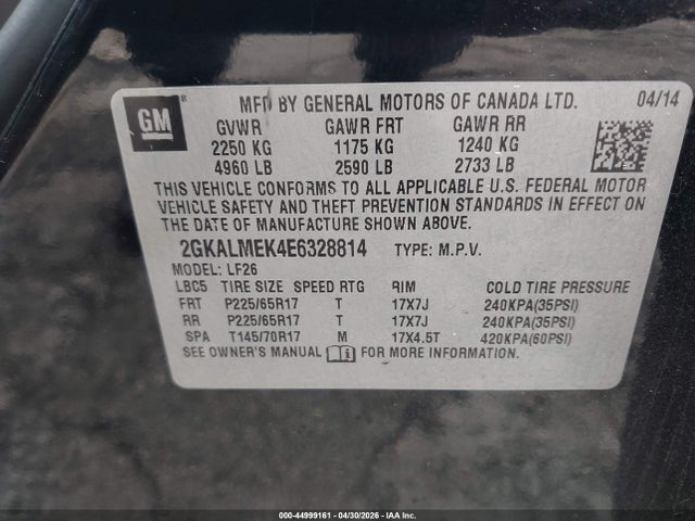 Aukcja sprzedaży 2014 Gmc Terrain Sle-1, vin: 2GKALMEK4E6328814, numer aukcji: 44999161