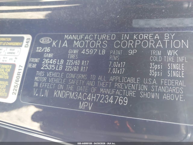 Продажа на аукционе авто 2017 Kia Sportage Lx, vin: KNDPM3AC4H7234769, номер лота: 44999189