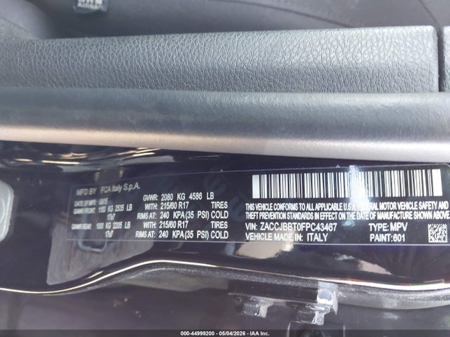2015 Jeep Renegade Latitude მანქანა იყიდება აუქციონზე, vin: ZACCJBBT0FPC43467, აუქციონის ნომერი: 44999200