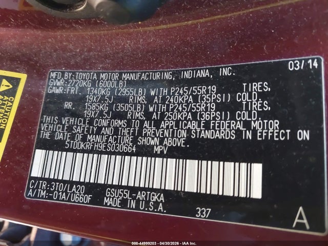 Aukcja sprzedaży 2014 Toyota Highlander Limited Platinum V6, vin: 5TDDKRFH9ES030664, numer aukcji: 44999203