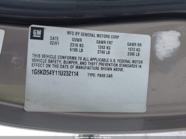 2001 Cadillac Deville Standard W/w20 მანქანა იყიდება აუქციონზე, vin: 1G6KD54Y11U232114, აუქციონის ნომერი: 44999206