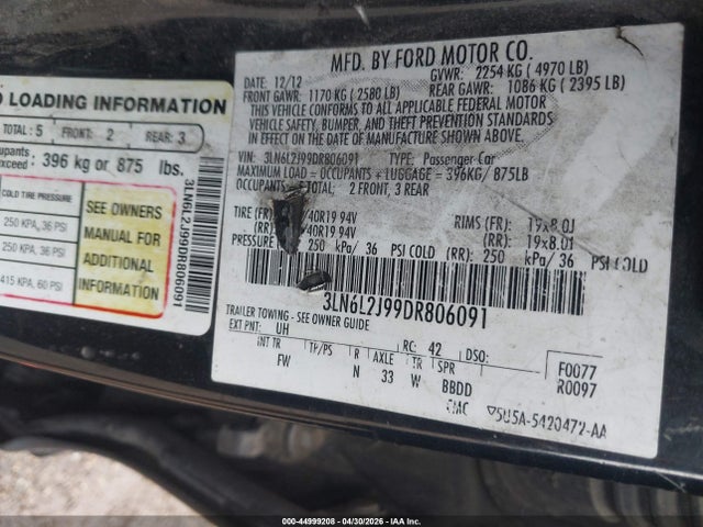 Aukcja sprzedaży 2013 Lincoln Mkz, vin: 3LN6L2J99DR806091, numer aukcji: 44999208