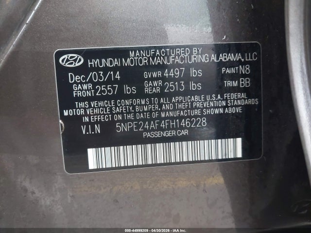 44999209 :رقم المزاد ، 5NPE24AF4FH146228 vin ، 2015 Hyundai Sonata Se مزاد بيع