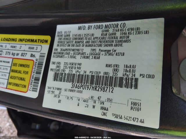 Aukcja sprzedaży 2017 Ford Fusion Se, vin: 3FA6P0T97HR298712, numer aukcji: 44999210
