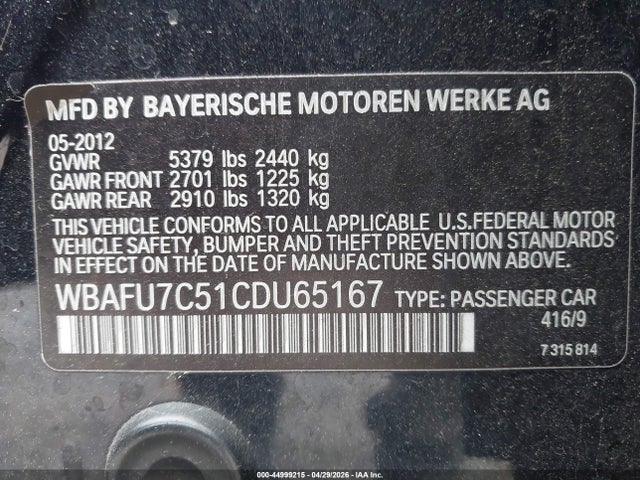 Aukcja sprzedaży 2012 Bmw 535i Xdrive, vin: WBAFU7C51CDU65167, numer aukcji: 44999215