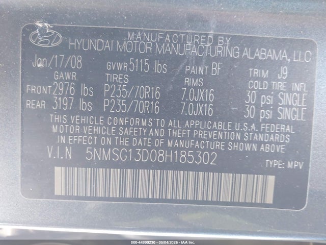 2008 Hyundai Santa Fe Gls მანქანა იყიდება აუქციონზე, vin: 5NMSG13D08H185302, აუქციონის ნომერი: 44999230