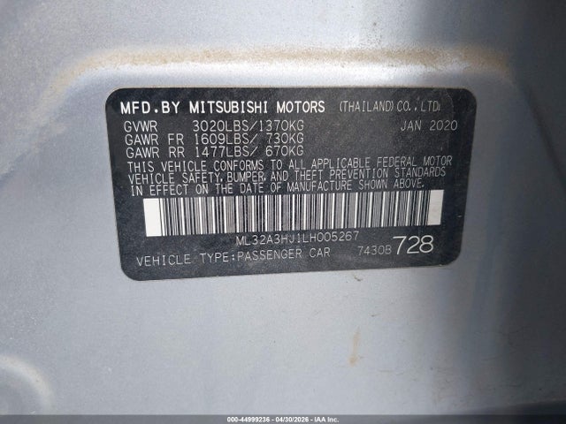 Продаж на аукціоні авто 2020 Mitsubishi Mirage Es/se, vin: ML32A3HJ1LH005267, номер лоту: 44999236