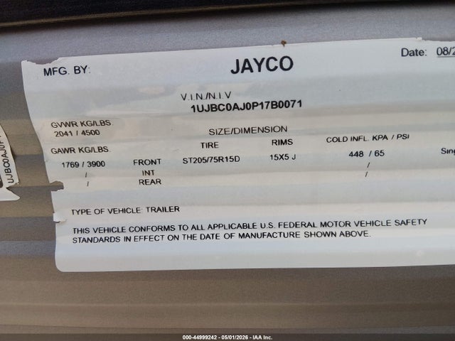 2023 Jayco Jayco მანქანა იყიდება აუქციონზე, vin: 1UJBC0AJ0P17B0071, აუქციონის ნომერი: 44999242