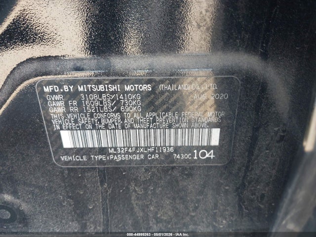 Aukcja sprzedaży 2020 Mitsubishi Mirage G4, vin: ML32F4FJXLHF11936, numer aukcji: 44999263