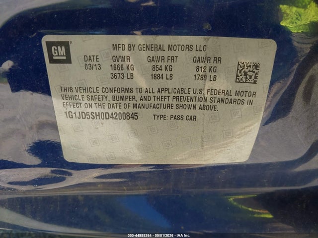 Продажа на аукционе авто 2013 Chevrolet Sonic Lt Manual, vin: 1G1JD5SH0D4200845, номер лота: 44999264