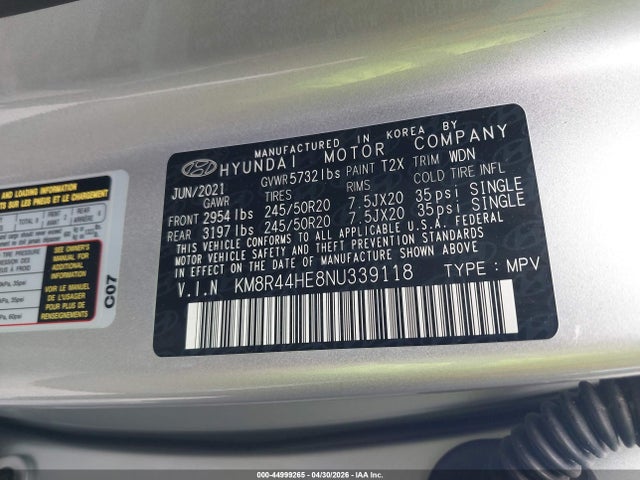 44999265 :رقم المزاد ، KM8R44HE8NU339118 vin ، 2022 Hyundai Palisade Sel مزاد بيع