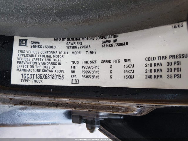 Продажа на аукционе авто 2006 Chevrolet Colorado Lt, vin: 1GCDT136X68180158, номер лота: 44999275