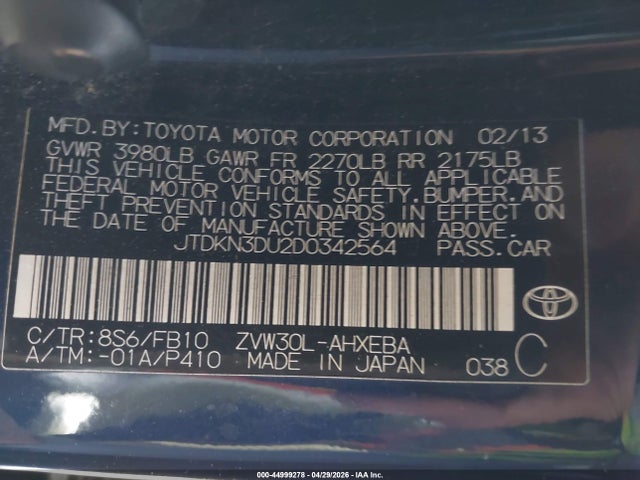 Aukcja sprzedaży 2013 Toyota Prius Two, vin: JTDKN3DU2D0342564, numer aukcji: 44999278