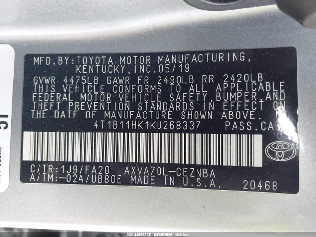 4T1B11HK1KU268337 Toyota CAMRY LE