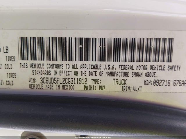 44999289 :رقم المزاد ، 3C6UD5FL2CG311912 vin ، 2012 Ram 2500 Laramie مزاد بيع
