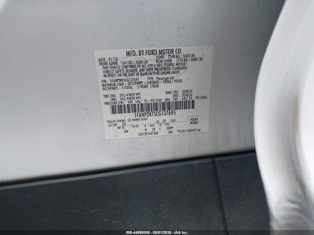 2012 Ford Taurus Sho მანქანა იყიდება აუქციონზე, vin: 1FAHP2KT5CG137695, აუქციონის ნომერი: 44999308