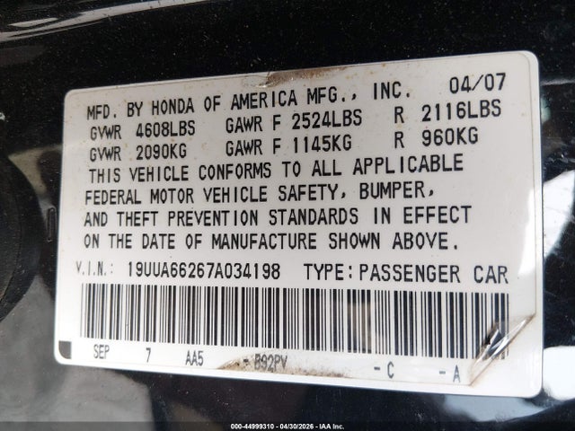 Aukcja sprzedaży 2007 Acura Tl 3.2, vin: 19UUA66267A034198, numer aukcji: 44999310