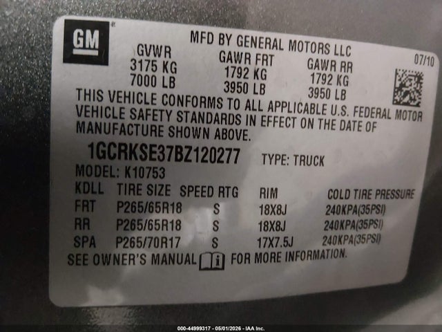 44999317 :رقم المزاد ، 1GCRKSE37BZ120277 vin ، 2011 Chevrolet Silverado 1500 Lt مزاد بيع