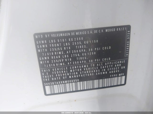 Aukcja sprzedaży 2022 Volkswagen Tiguan 2.0t Se, vin: 3VV3B7AXXNM008950, numer aukcji: 44999319