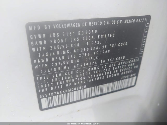 Aukcja sprzedaży 2022 Volkswagen Tiguan 2.0t Se, vin: 3VV3B7AXXNM008950, numer aukcji: 44999319