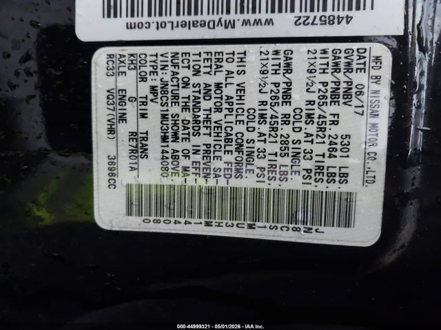 Aukcja sprzedaży 2017 Infiniti Qx70, vin: JN8CS1MU3HM144080, numer aukcji: 44999321