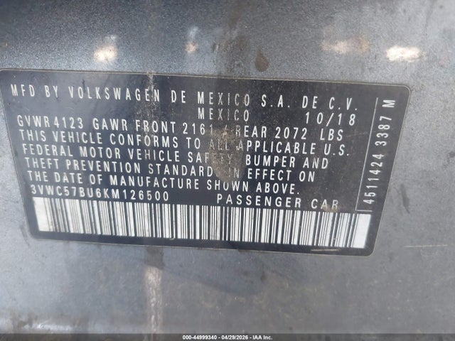Aukcja sprzedaży 2019 Volkswagen Jetta 1.4t R-line/1.4t S/1.4t Se, vin: 3VWC57BU6KM126500, numer aukcji: 44999340