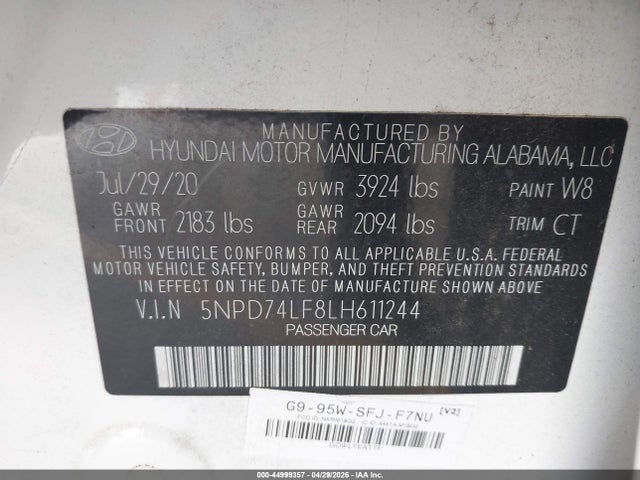 Продажа на аукционе авто 2020 Hyundai Elantra Se, vin: 5NPD74LF8LH611244, номер лота: 44999357