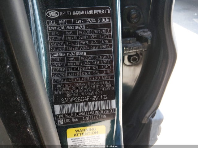 2015 Land Rover Range Rover Evoque Pure მანქანა იყიდება აუქციონზე, vin: SALVP2BG4FH991102, აუქციონის ნომერი: 44999359