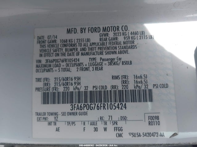3FA6P0G76FR105424 Ford FUSION S