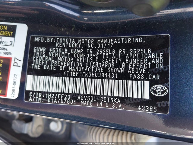Aukcja sprzedaży 2017 Toyota Camry Le/se/xle/xse, vin: 4T1BF1FK3HU381431, numer aukcji: 44999364