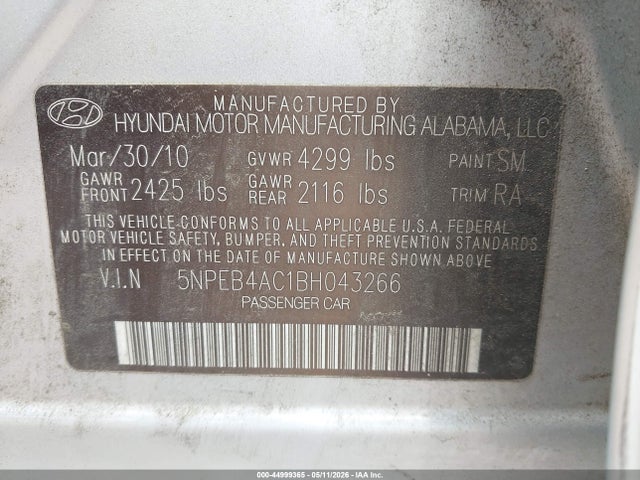 Aukcja sprzedaży 2011 Hyundai Sonata Gls, vin: 5NPEB4AC1BH043266, numer aukcji: 44999365