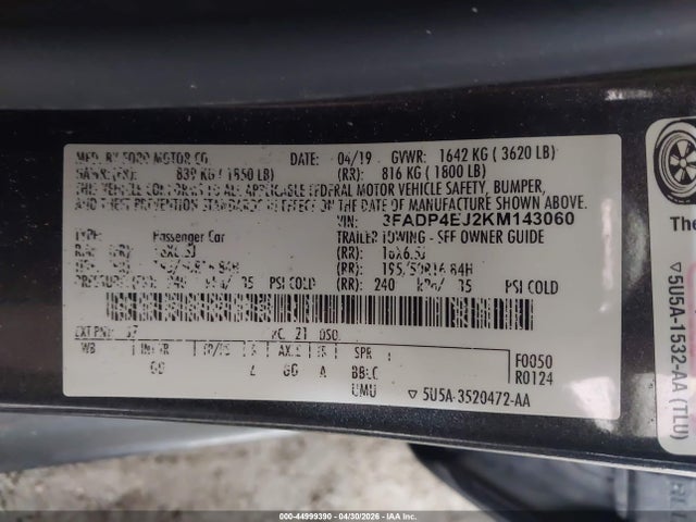 Продажа на аукционе авто 2019 Ford Fiesta Se, vin: 3FADP4EJ2KM143060, номер лота: 44999390
