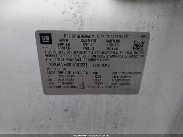 44999394 :رقم المزاد ، 2GKFLVE33D6161221 vin ، 2013 Gmc Terrain Slt-1 مزاد بيع