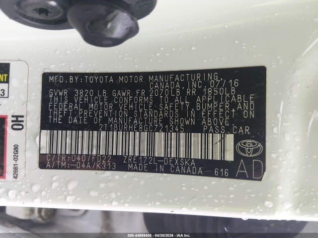 Aukcja sprzedaży 2016 Toyota Corolla S Plus, vin: 2T1BURHE8GC721345, numer aukcji: 44999408