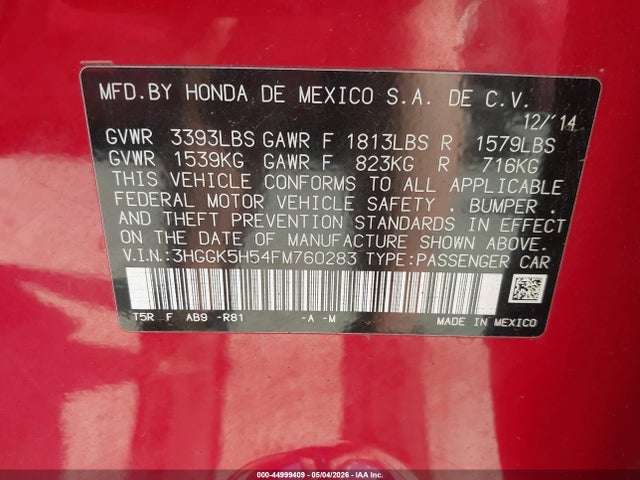 3HGGK5H54FM760283 Honda FIT LX