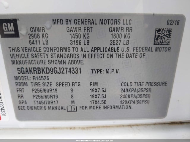 44999415 :رقم المزاد ، 5GAKRBKD9GJ274331 vin ، 2016 Buick Enclave Leather مزاد بيع