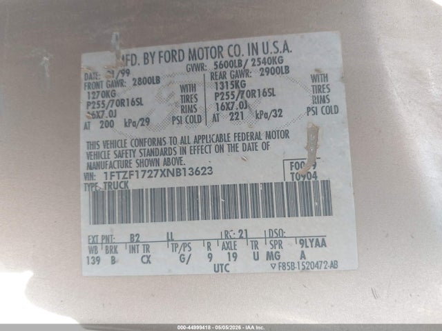 44999418 :رقم المزاد ، 1FTZF1727XNB13623 vin ، 1999 Ford F-150 Work Series/xl/xlt مزاد بيع