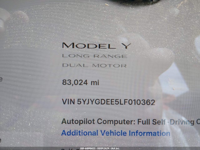 5YJYGDEE5LF010362 Tesla Model Y Long Range Dual Motor All-wheel Drive