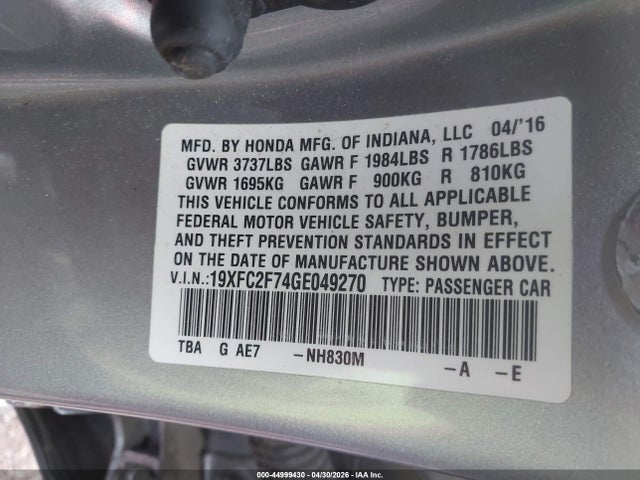 Aukcja sprzedaży 2016 Honda Civic Ex, vin: 19XFC2F74GE049270, numer aukcji: 44999430