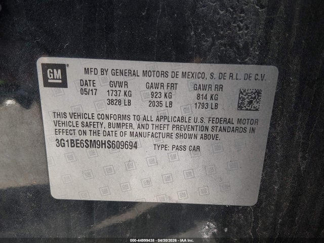 2017 Chevrolet Cruze Lt Auto მანქანა იყიდება აუქციონზე, vin: 3G1BE6SM9HS609694, აუქციონის ნომერი: 44999438