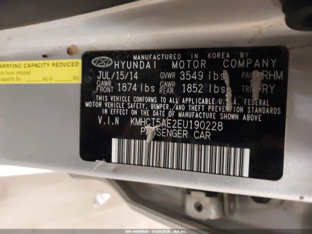 Aukcja sprzedaży 2014 Hyundai Accent Gs, vin: KMHCT5AE2EU190228, numer aukcji: 44999440